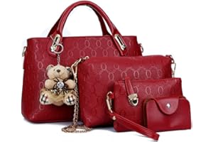 FiveloveTwo Women 4Pcs Top Handle Satchel Hobo PU Leather Handbag Set Large Tote + Purse + Shoulder Bag + Card Holder red