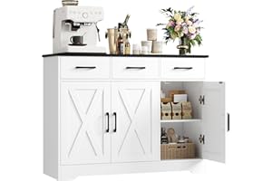 ‎HOCSOK HOCSOK Sideboard, Küchenschrank mit 3 Schubladen und 3 Türen für Küche, Buffetschrank mit Arbeitsplatte, für Esszimmer, Wohnzimmer, Holz, Weiß &Schwarz