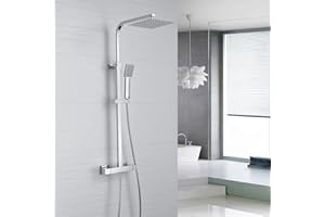 Thermostatic Mixer Shower Set, NewEast Square Chrome Bathroom Thermostat Shower System with Adjustable 8" Overhead Rainfall Shower Head and Handheld Shower