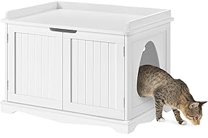 Yaheetech Wooden Cat Litter Box Enclosure, Hidden Litter Furniture with Door, Pet Washroom with Storage Partition & Ventilation Holes, Pets Side Table, White
