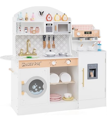 COSTWAY Kinderkeuken hout, hoek-speelkeuken met licht & geluid, incl. 7 accessoires, speelgoedkeuken met fornuis, gootsteen, ijsmachine, magnetron, wasmachine, afzuigkap, telefoon, voor kinderen vanaf