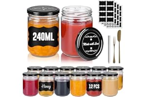 Kuro-sagol Marmeladengläser klein 240ml Einmachgläser mit Schraubdeckel 12er Set Einweckgläser Mit Etiketten & Stift Einmachglas für Hausgemachte Marmelade Gelee, TO Ø 65 mm Schwarz Deckel
