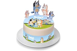 Kardasis Bluey - Oblea para tartas de pasta de azúcar con figuras de papel - Oblea decorativa comestible para tartas - Divertidas decoraciones para tartas - 20 cm + 4 cintas + 4 figuras