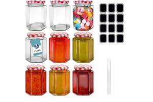 Eidoct 9 Pack 280ml Glass Hexagonal Jam Jar with Red Gingham Lid, Reusable Clear Food Storage Jars for Homemade Kitchen Spices,Food,Jam,Fruit,Salad,Yogurt,Sweets,Honey,Chilli Sauce