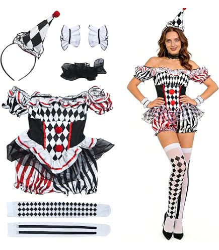 Costume Da Clown Completo Per Donna – Arlecchino Con Cappello, Tuta, Maniche, Colletto E Calze – Perfetto Per Halloween E Carnevale
