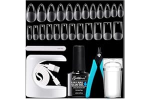 Gelike ec Gel Nail Kit for Manicure - French Nails Stamp, 6 in 1 Gel Glue Adhesive, 240PCS Soft Almond & Square Full Cover Tips, UV Lamp - Easy for Salon Home Professional Beginners