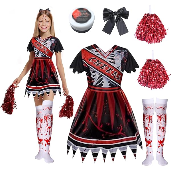 Mädchen Zombie Cheerleader Kostüm – Inkl. Kleid, Pompons, Fake Blood & Face Paint, Größe S (4-6 Jahre)