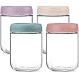 KITOME Glass jars with Airtight Lids, Overnight Oats Containers with Lids, Wide mouth Mason Salad jars, Glass Food Storage Leak Proof Containers for Snacks Yogurt Spices (Set of 4, Size 16oz)