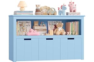 FOREHILL Mueble Almacenaje Juguetes, Mueble Juguetes Organizador, Armario Infantil Ropas, Estantería Infantil Montessori, con 3 Cajones con Ruedas, 1 Estante Abierto (Azul)