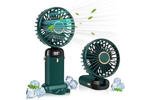 LYMYBETY Przenośny wentylator ręczny, 4000 mAh, mini wentylator USB z cyfrowym wyświetlaczem, mały osobisty wentylator kieszonkowy z 5 prędkościami, składany wentylator biurkowy ze smyczą i podstawą, do domu, podróży, na zewnątrz, zielony