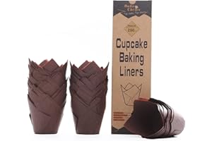 BAKE CHOICE Caissette Muffins Papier Tulipe,200 pièces Standard,Moule Muffins Papier Brun,Parchemin Européen & Anti-adhésif, pour Cuisson Desserts/Fêtes/Noël/Anniversaires/Pâtisserie,Taille Standard