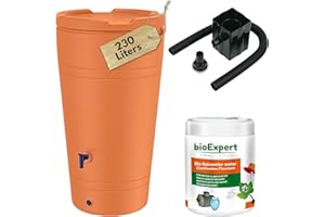 NOVECRAFTO Water Butt Kit With Tap, Diverter And Bio Cleaner- 230L Plastic Rain Water Collector for Garden, Balcony or Terrace - Terracotta Color - H43 x D23 in (109x59cm) Save and Promote Plant Growth