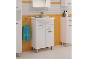 .DEFTRANS Deftrans Domodomo Armario de baño con lavabo, 80 x 65 x 30 cm, armario de cerámica blanco, armario de pie con cajón (MEA 65 cm, blanco con cajón)
