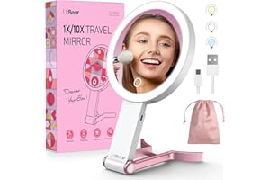 LitBear Travel Makeup Mirror With Lights, Rechargeable Double Sided 10X/1X Magnifying, Portable Lighted Beauty, 3 Color Lighting, Dimmable Touch Screen, Tabletop Handhold Hanging (White)