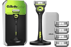 Gillette LABS RASOIO UOMO, con 5 LAMETTE DA BARBA di Ricambio, BASE MAGNETICA e BARRA INTEGRATA Elimina Impurità Pelle, Rasatura Facile, Comfort Ottimale, CUSTODIA DA VIAGGIO, Nero, Idea Regalo