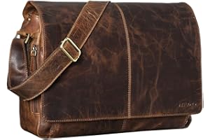 STILORD "Alex Vintage Shoulder Bag Leather Laptop Bag 15,6 inches Notebook teacher business office genuine buff leather Colour:Cognac-Brown