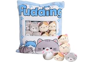 HXPLN Cute Snack Pillow Cat Plush Pillow, Pudding Cat Pillow with Kitty Dolls, Removable Stuffed Animal Toys Creative Gift for Teenagers, Girls, Children (8 Blue Kittens)