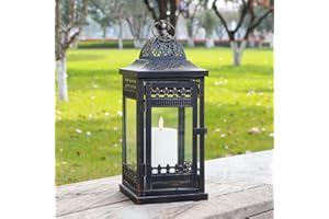 JHY DESIGN Dekoracyjne lampiony świecowe, wysokość 36,8 cm, wisząca latarnia w stylu vintage, metalowy świecznik do użytku wewnątrz i na zewnątrz, wydarzenia, imprezy i wesela (czarne ze złotą