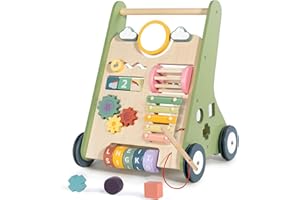 LOL-FUN Wooden Baby Walker for 1 2 Year Olds, Toddlers Push Along Walkers with Blocks, 10in1 Multiple Learning Walking Toys Activity Center for Boys Girls Gift Age 12 Months