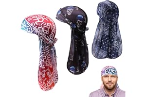 ZoneYan Seidige Durags, 3 Stück Satin Durags, DOO Rag für Herren, Lange Schwanz Headwraps, Piratenhut, Hip Hop Rapper Bandana Kappe,Wellen Haarkappe für 360 Wellen, Dreadlocks und Locken