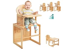 FUNLIO Hochstuhl aus Holz, 2-in-1 umwandelbarer Hochstuhl Baby von 0,5 bis 6 Jahren, höhenverstellbar, hochwertiges Massivholz mit abnehmbarem Tablett/Kissen/Sicherheitsgurt,CPC-geprüft