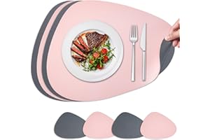 NOSTHEART Manteles Individuales y Posavasos, Salvamanteles Manteles Lavables Individuales Redondos, Manteles Individuales Antideslizantes Impermeables de Doble Cara - Rosa Gris, Juego de 4