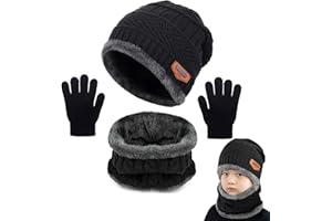 Joligiao Kids Winter Knitted Beanie Hat Scarf Gloves Set Warm Soft Hat Fleece Inner Lining Circle Loop Scarf Gloves 3-in-1 Set For Children