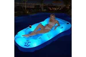 DeeprBling Nadmuchiwane pływaki basenowe z zasilanymi energią słoneczną, zmieniające kolory, 180 x 150 cm, nadmuchiwany basen Lilo dla dorosłych z zagłówkiem, uchwytem na kubek i uchwytami, duży