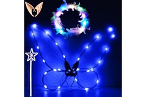 SHENGRUILI LED Feenflügel Leuchtende,Feenflügel Kinder,Schmetterlingsflügel mit Elfenöhren,LED Feder Stirnbänder und Sterne Feenstäbe,Fairy Wings,Flügel Fee,für Halloween,Karneval,Party,Fasching Kostüm