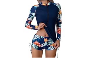 AEGJEGVD Maillots de Bain 2 Pièces Femme Rashguard Set Manches Longues Tankini Protection Solaire Anti-UV T-Shirt Top de Sport pour Vacances Surf Plage Natation Maillot de Bain Shorty Séchage Rapide