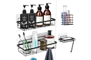 Malajess Shower Caddy[4-Pack], No-Drilling Adhesive Wall Mounted Bathroom Shower Shelf with Soap Holder and Toothbrush Holder, Rustproof Shower Organizer Rack for Bathroom & Kitchen, Black