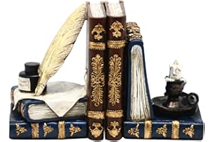 AUSTUFF Decorative Vintage Bookends Unique Wizard Feather Quill Pen and Ink Bottle with Oil Lamp Antique Style Book Holders Heavy Duty Book Ends for Shelves Cottage Magic Home Decor