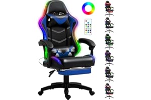 Czlolo Silla Gaming con Masajeador y LED, Silla de Estilo Racing Ergonómica Reclinable con Reposapiés y Cervical,Reposabrazos Acolchados, Ruedas 360°, para Adultos y niños,Azul