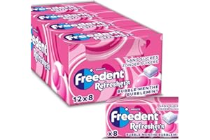 FREEDENT REFRESHERS - Chewing Gum Sans Sucre - Goût Bubble Menthe - 12 Paquet de 8 Dragées - Grand Format 96 Dragées
