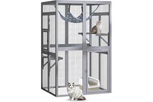 LEFLUFFY Catio Outdoor Cat Enclosure,Cattery Outdoor/Indoor for cats, Wooden Cat House Shelter, Kitty Cage with 3 Platforms for Patio Indoor,Accommodate Up to 3 Cats,100L*84.5W*162H cm (Gray, Medium)