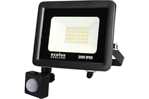Ecolux PIR Motion Sensor 20W LED Outdoor Floodlight Energy Efficient 6000K Waterproof IP65 Mains Powered for Garage, Porch, Shed & Commercial Buildings - with Earth Wire