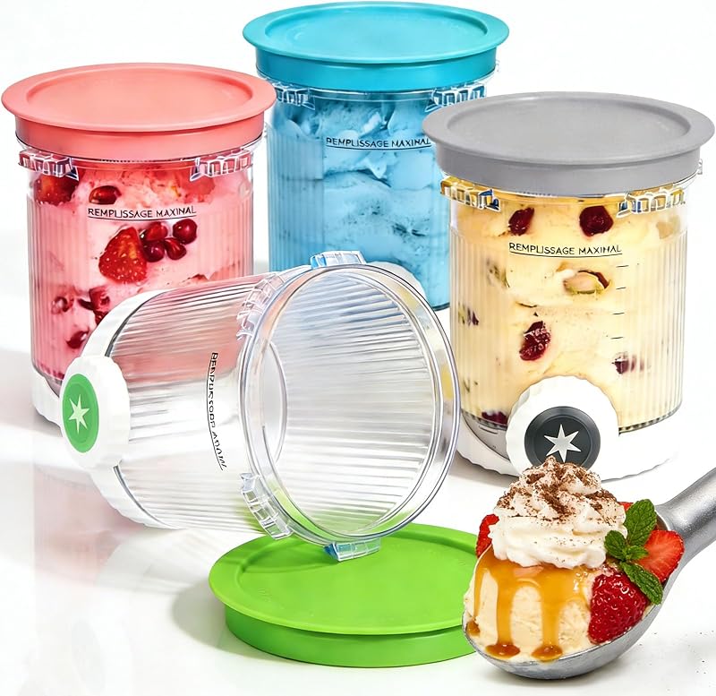 4 Stück Behälter für Ninja Swirl by CREAMi – Kompatibel mit Ninja NC700 NC701EU – 480ml Eiscreme Pints mit Deckel – BPA-frei, Spülmaschinenfest (Farbige Deckel)