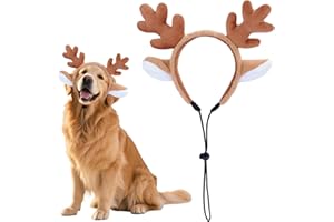 SIOTMERA Dog Reindeer Antlers Headband, Adjustable Christmas Pet Deer Costume Hat, Fluffy Elastic Reindeer Headwear for Medium Large Dogs, Gift Accessories for Birthday Halloween Cosplay Party
