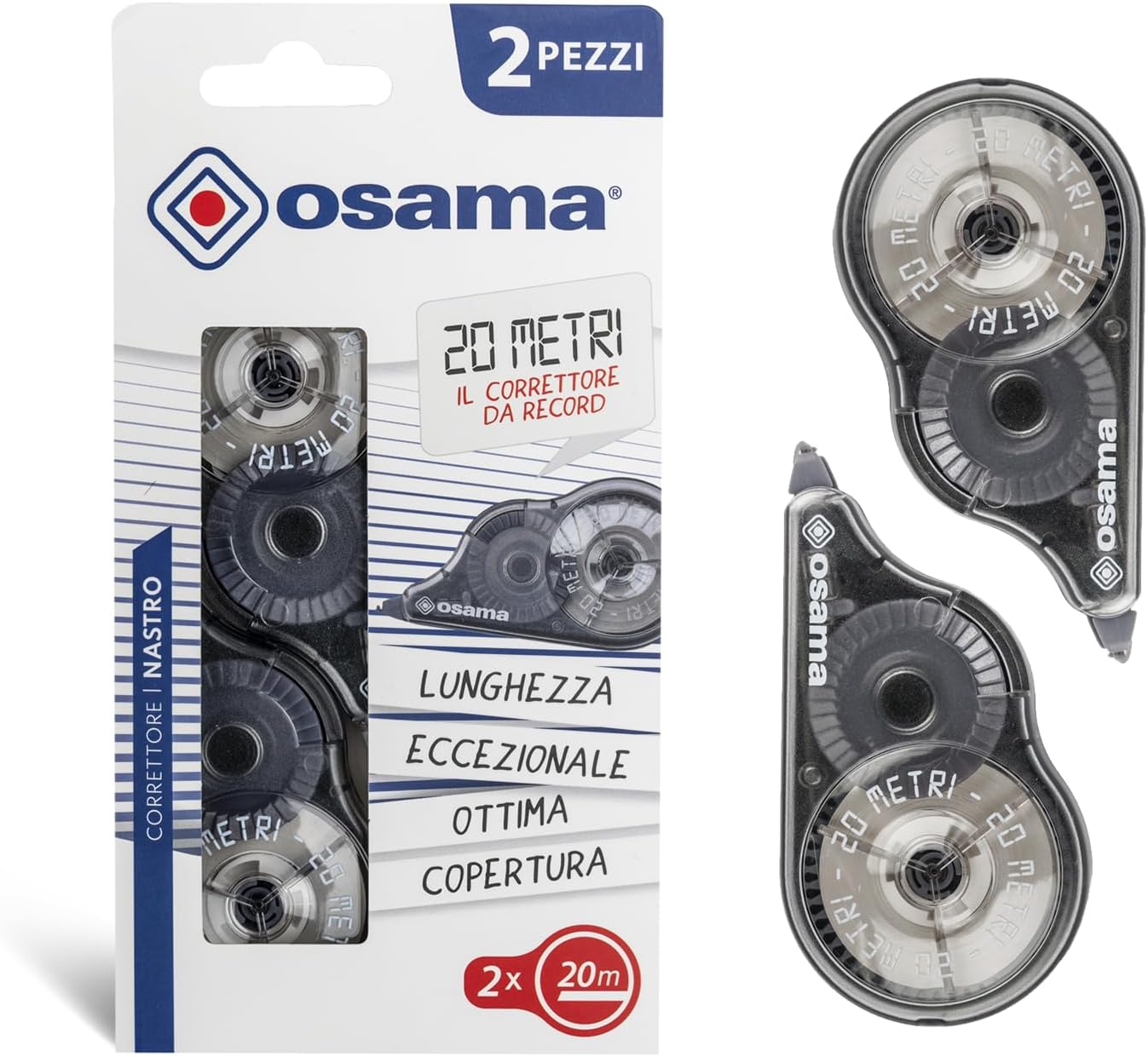 Osama - Cinta Correctora Blanca, Pack 2 Piezas, 20 M - Set Cintas Correctoras Ideal para Material Escolar, Papelería y Oficina para Borrar y Escribir de Inmediato con Alta Cobertura y Larga Duración