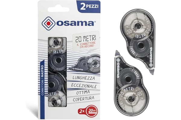 Osama - Correcteur Blanc à Ruban, 20 M, Kit 2 Pièces, Idéal comme Accessoire Bureau, Papeterie et Fourniture Scolaire - Effaceur pour Écrire sans Erreur avec Couverture Optimale Blanche, Longue Durée