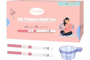 ACCUBIO Pregnancy Test with Cups, hCG Detection Home Pregnancy Test Strips, Sensitive & Over 99% Accurate, 20 Count Individually Wrapped, Rapid Prenancy Tests Kit, 5mm Wider, 10mIU/mL