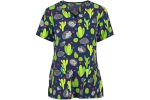 HSUAYEUD Scrubs for Women Medical Uniform Nurse Hospital Scrub Tops Cute Print V-Neck Adult Workwear Doctor Work Uniform Comfy Blouse with Pockets