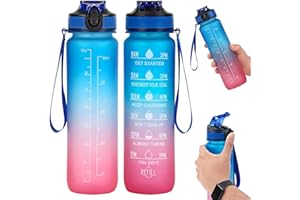 Livhome 1L Leakproof Hourly Water Bottle, BPA-Free Plastic Bottle with Straw, Time-Marking Intake Tracker, Motivational Gym & Sports Hydration Bottle for Adults (Blue/Pink)