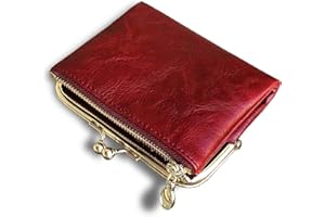 AOXONEL Womens Wallet Small RFID Ladies Compact Bifold Leather Vintage Coin Purse with Zipper and Kiss Lock (Red)