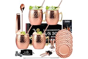 ‎YOBANSA Yobansa Edelstahl, 510gram,4er Set Moskauer Mule Becher, Cocktailgläser Geschenkset mit Untersetzer, Cocktail Strohhalmen, Löffel, Reinigungsbürste, Messbecher(Rose Gold)