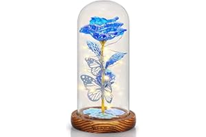 REWIAR Rose Eternelle sous Cloche Cadeau Femme - Rose eternelle avec Lumière LED - Saint Valentin Rose Galaxie de Lumineuses pour Elle, Fête des mères, Noël et Un Anniversaire (Bleu/Bois)