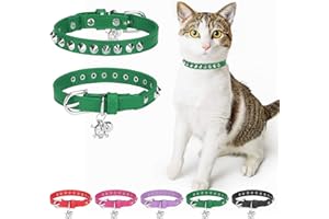 DILLYBUD Leather Cat Collars for Boy Girl Cats with Bell and Safety Elastic Belt, Personalized Rivets Stud Adjustable Safe Buckle Collar with Skull Charm for Kitty Small Pets Size 8-12 Inch, Green
