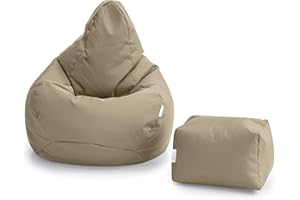 Loft 25 Bean Bag Gamer Chair | Outdoor Indoor Living Room BeanBag Seat | Water Resistant | Ergonomic Design for Body Support | Durable & Comfortable (Bean Bag + Footstool, Stone)