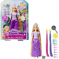 Mattel Disney Princess - Rapunzel Chioma Magica, bambola con extension capelli cambia-colore e accessori per lo styling, Gioc