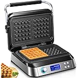 Piastra per Waffle Belga 1600 W, Smart Doppia Waffle pro con Display LED, 5 Programmi Diversi, 7 Temperatura Regolabile, Macc